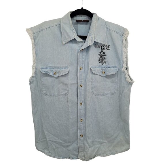 Biker design mens large blue light wash Cheyenne Saloon button up western - Picture 1 of 10